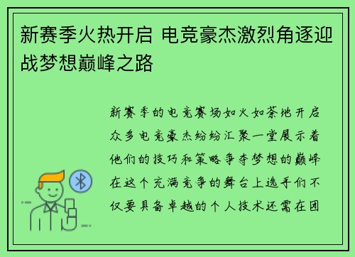 新赛季火热开启 电竞豪杰激烈角逐迎战梦想巅峰之路