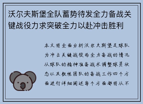 沃尔夫斯堡全队蓄势待发全力备战关键战役力求突破全力以赴冲击胜利
