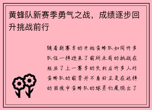 黄蜂队新赛季勇气之战，成绩逐步回升挑战前行