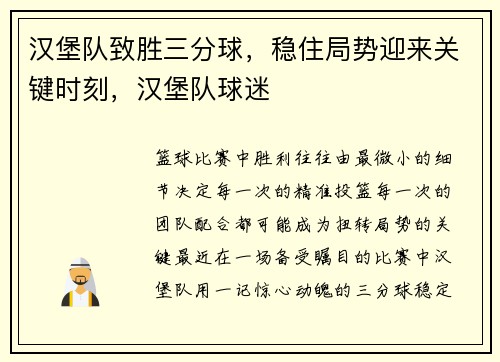 汉堡队致胜三分球，稳住局势迎来关键时刻，汉堡队球迷