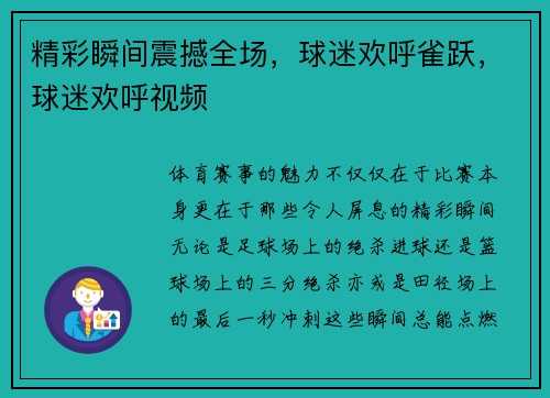精彩瞬间震撼全场，球迷欢呼雀跃，球迷欢呼视频