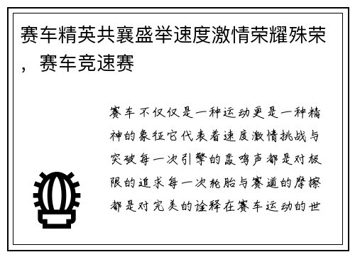 赛车精英共襄盛举速度激情荣耀殊荣，赛车竞速赛