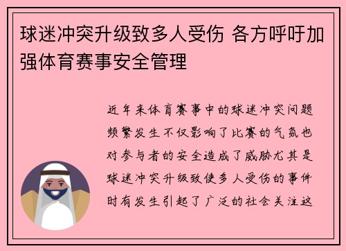 球迷冲突升级致多人受伤 各方呼吁加强体育赛事安全管理