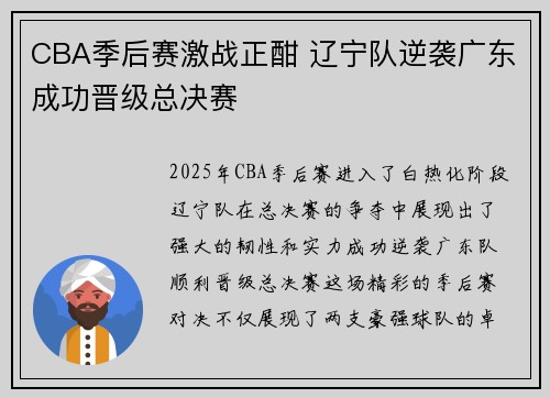 CBA季后赛激战正酣 辽宁队逆袭广东成功晋级总决赛