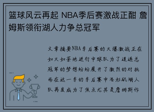 篮球风云再起 NBA季后赛激战正酣 詹姆斯领衔湖人力争总冠军