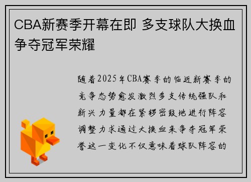 CBA新赛季开幕在即 多支球队大换血争夺冠军荣耀