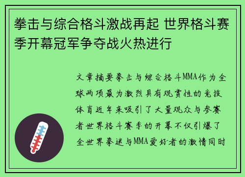 拳击与综合格斗激战再起 世界格斗赛季开幕冠军争夺战火热进行