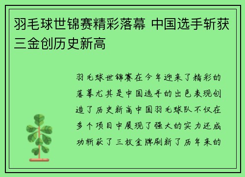 羽毛球世锦赛精彩落幕 中国选手斩获三金创历史新高