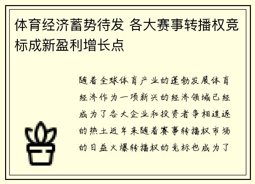 体育经济蓄势待发 各大赛事转播权竞标成新盈利增长点